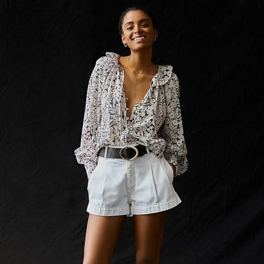By Anthropologie Peasant Blouse size XXS 2XS nwt black motif cotton top
